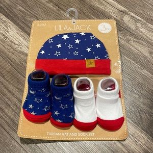 New Lila & Jack Turban Hat and Sock Set. 0-6 months